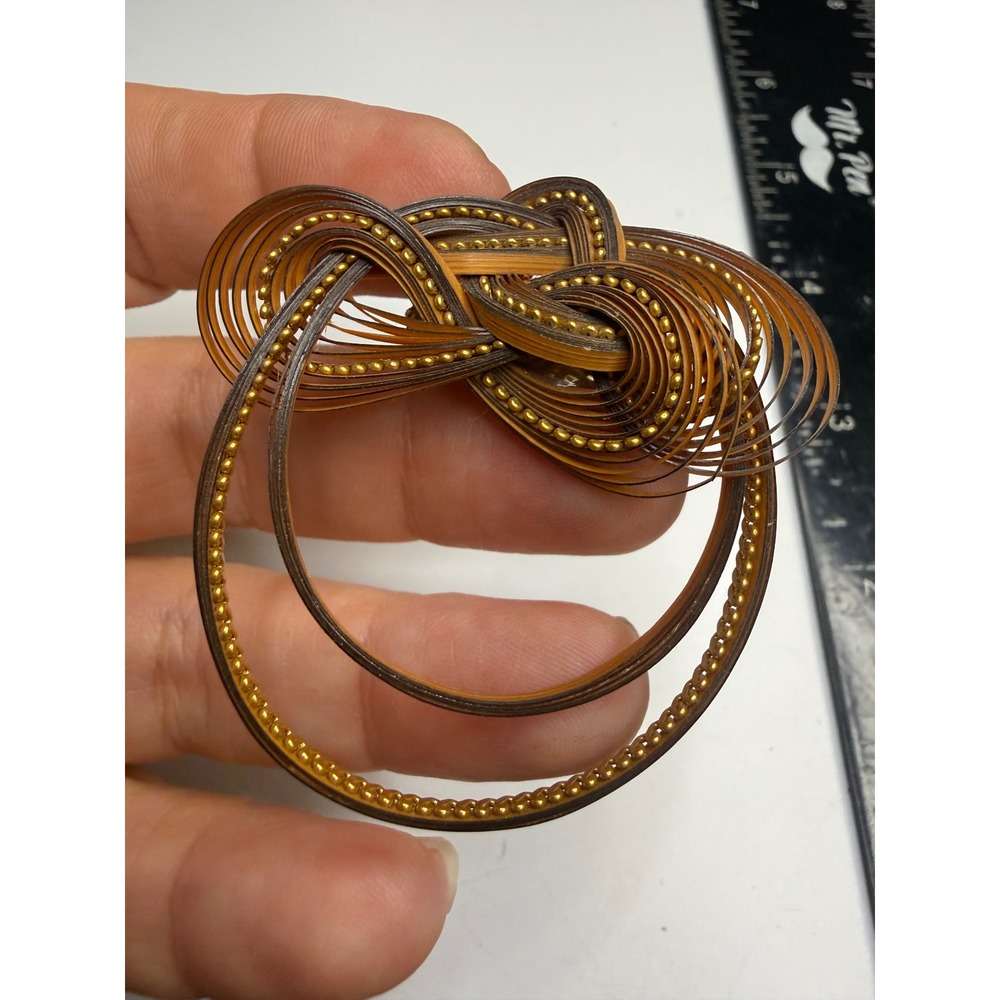 Japanese Mizuhiki Woven Cord Brooch Brown Gold Tone Knot Art Pin Handcrafted